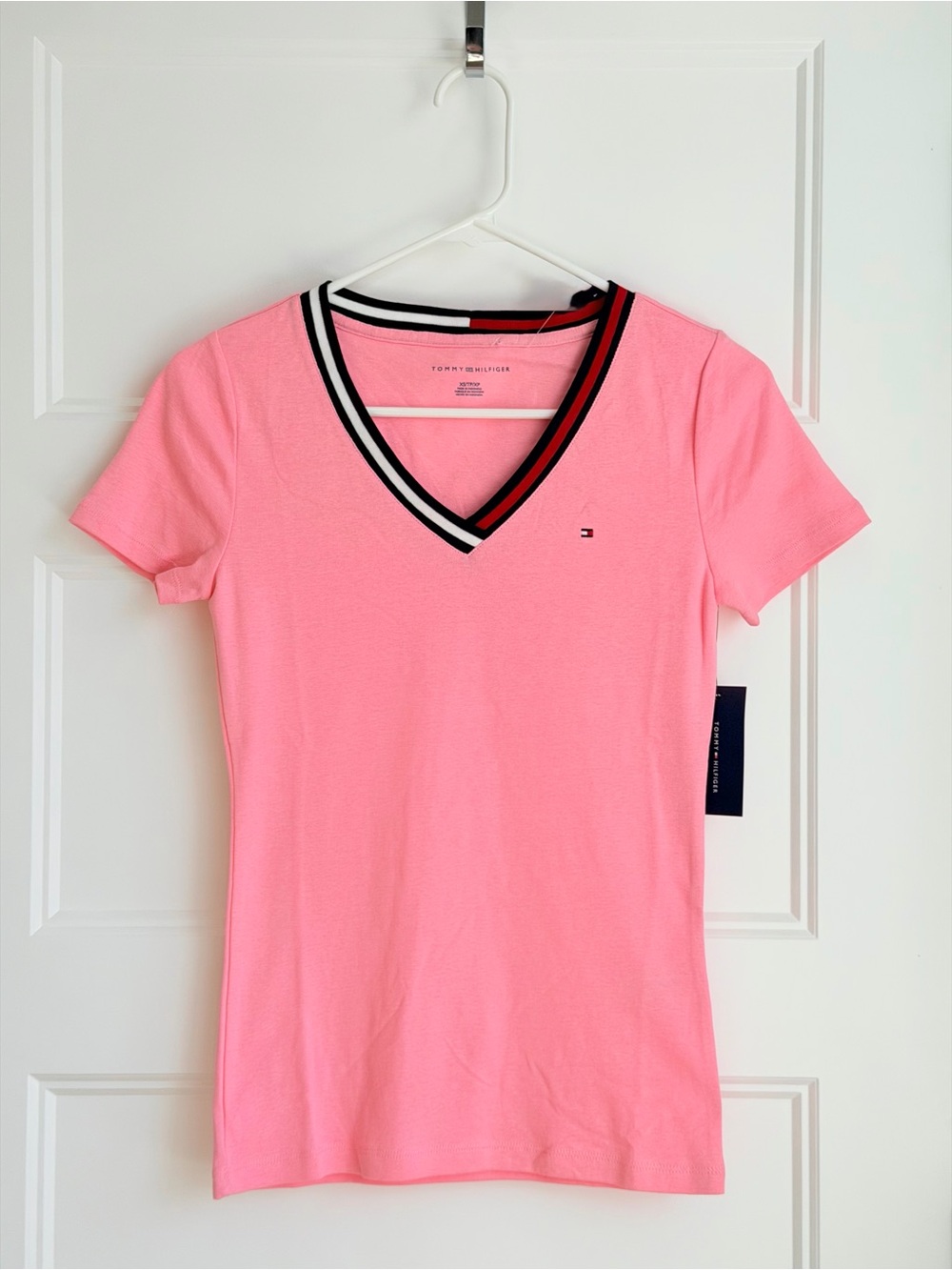 Tommy Hilfiger Pink V-Neck Tee with Signature Stripe Trim